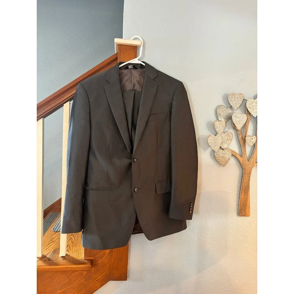 Apt 9 slim silver gray herringbone suit blazer pants 38R 32/34 preppy